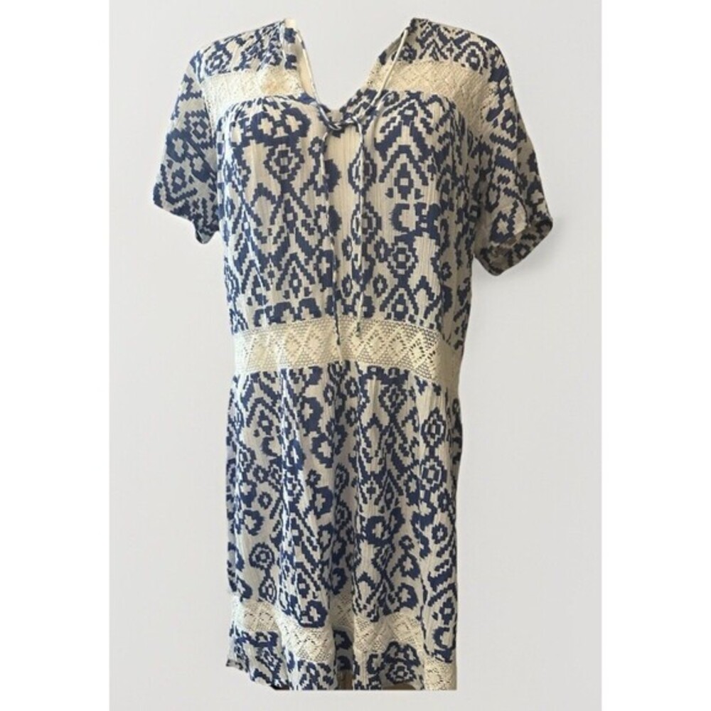 Aspiga Dress S Blue White Ikat Organic Cotton Beach Dress V-Neck